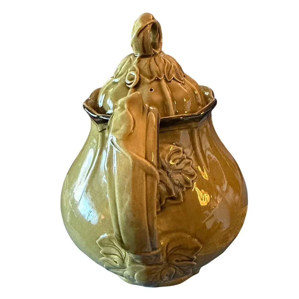 Green Ceramic Teapot Olive Green Embossed Leaf Victorian